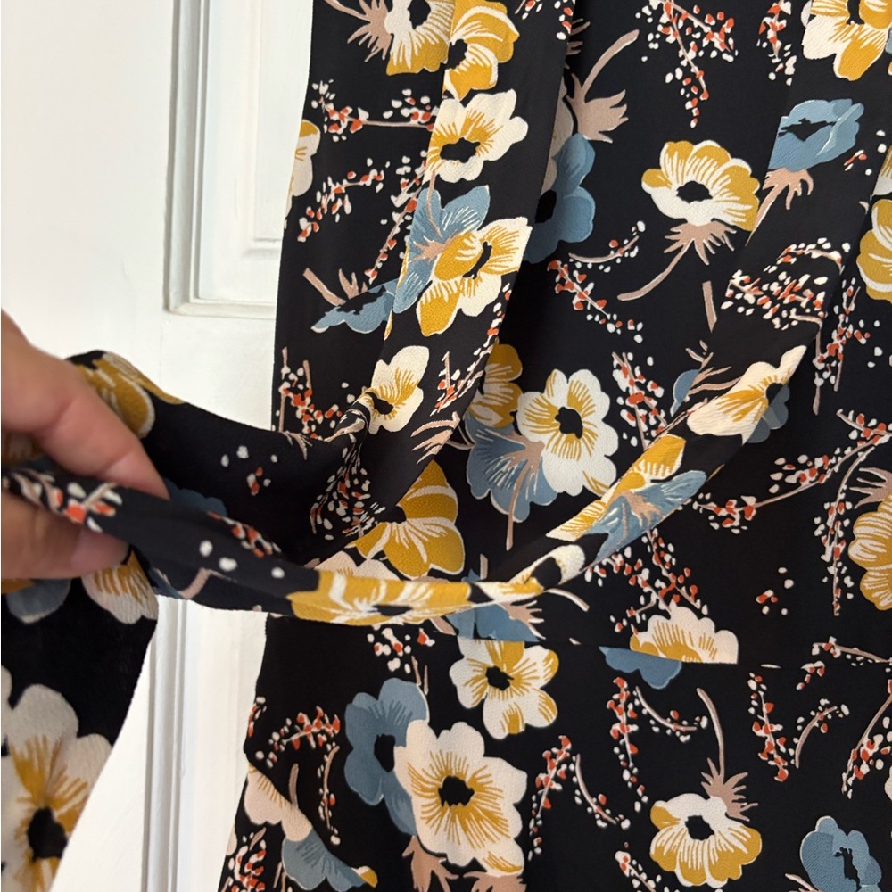 Ralph Lauren Summer Midi Dress Yellow & Blue Floral Print w Belt and Ruffle - Picture 5 of 12